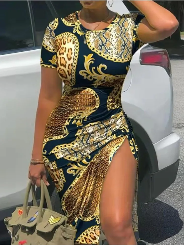 

Women Printed Slim Midi Dresses Fashion Package Hip Bodycon Short Sleeves Drawstring Slit Dress Casual Lady Streetwear Vestidos