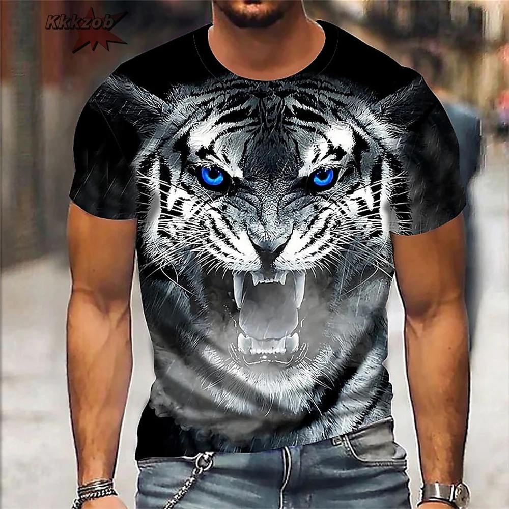 Fierce Tiger Animal Pattern Men's T-Shirts Short Sleeve 3D Animal Printed Trend Street Tee Oversized T Shirt Men Clothing Tops