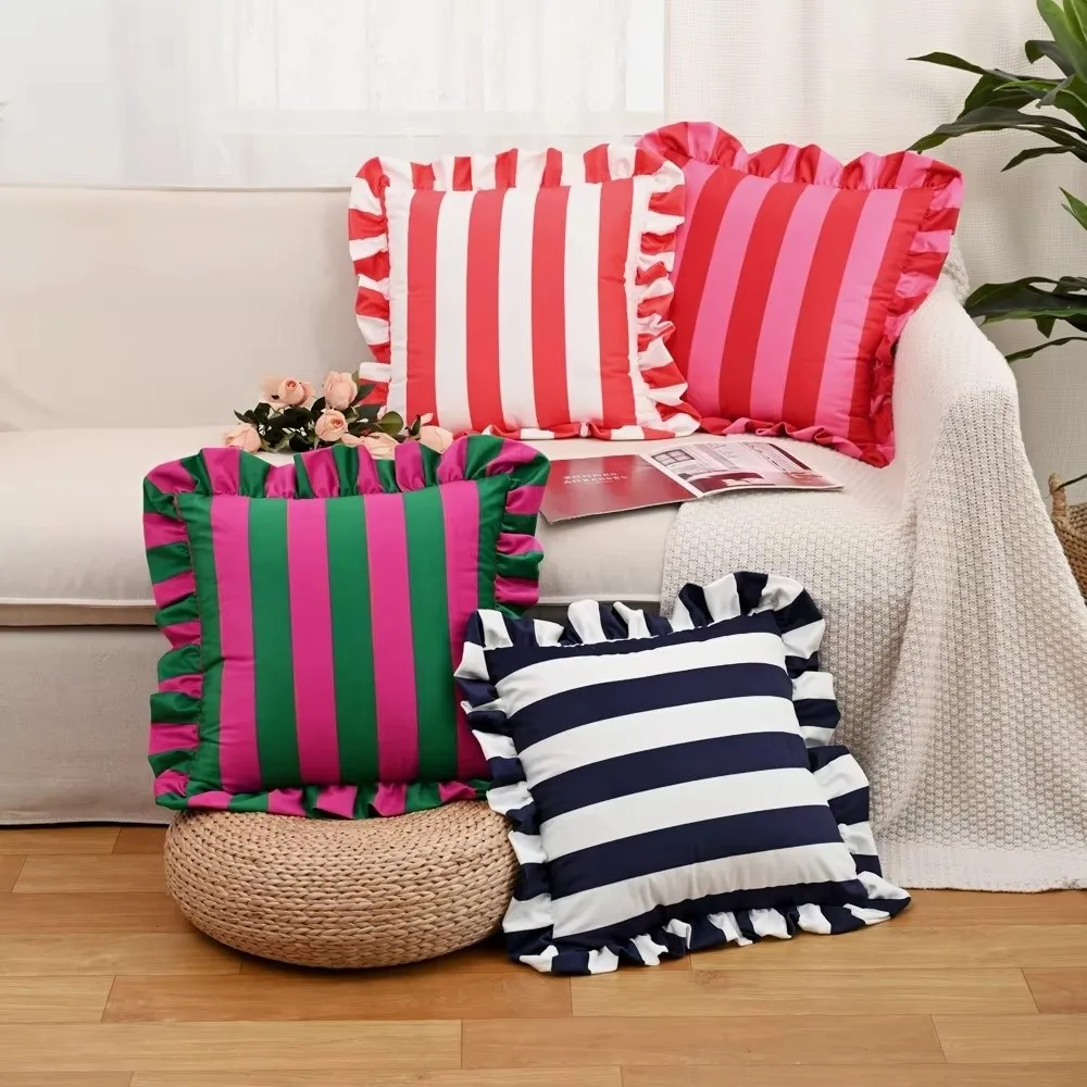 New Striped Pillowcase Velvet Soft Bedding Pillow Cover Lotus Leaf Skirt Edge Home Decor Pillow Case Cover Bedroom Living Room
