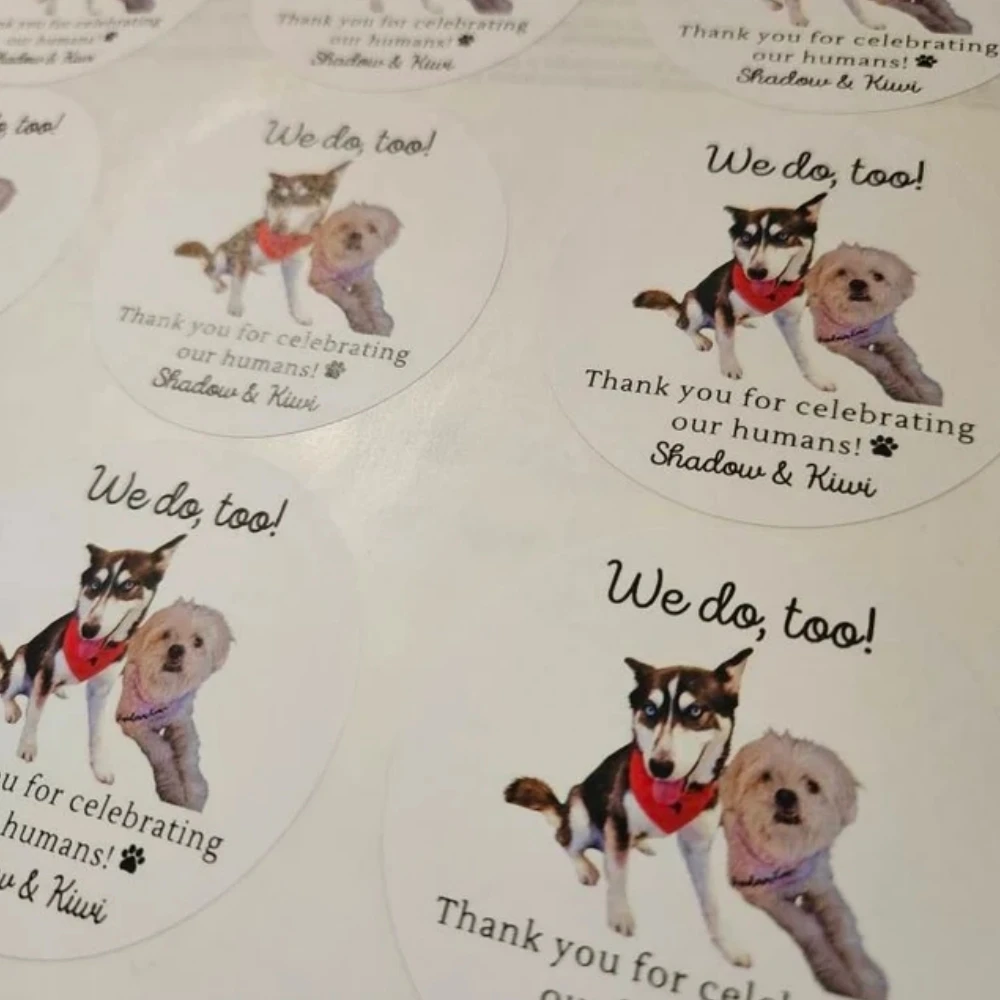 Pegatinas de boda personalizables de 50 piezas, bolsa de golosinas para perros, recuerdo de boda para fotos de mascotas, etiquetas para bolsas de golosinas, texto personalizado