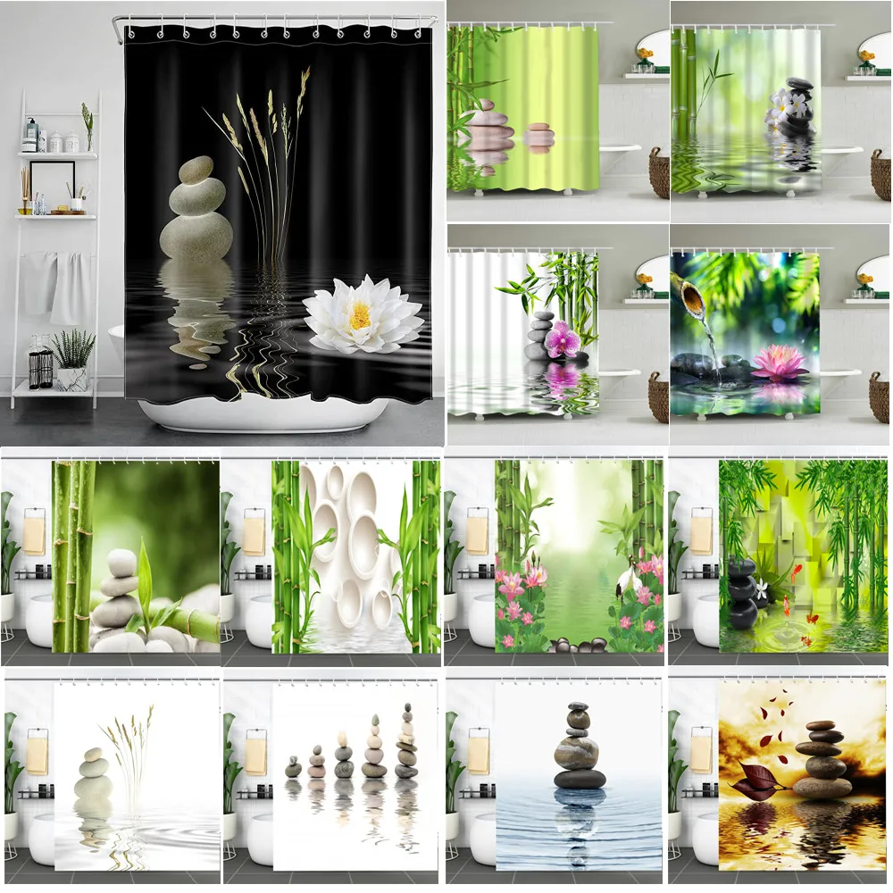 Zen Landscape Stone Bamboo Shower Curtain Waterproof Polyester Art Bathroom Curtain Flower Yoga Chinese Buddhist Shower Curtain