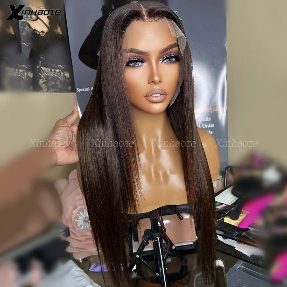 2# Dark Brown Straight Silk Base Lace Front Wigs Human Hair Wigs Pre Plucked 180 Density Bone Straight 13x6 Lace Frontal Wigs