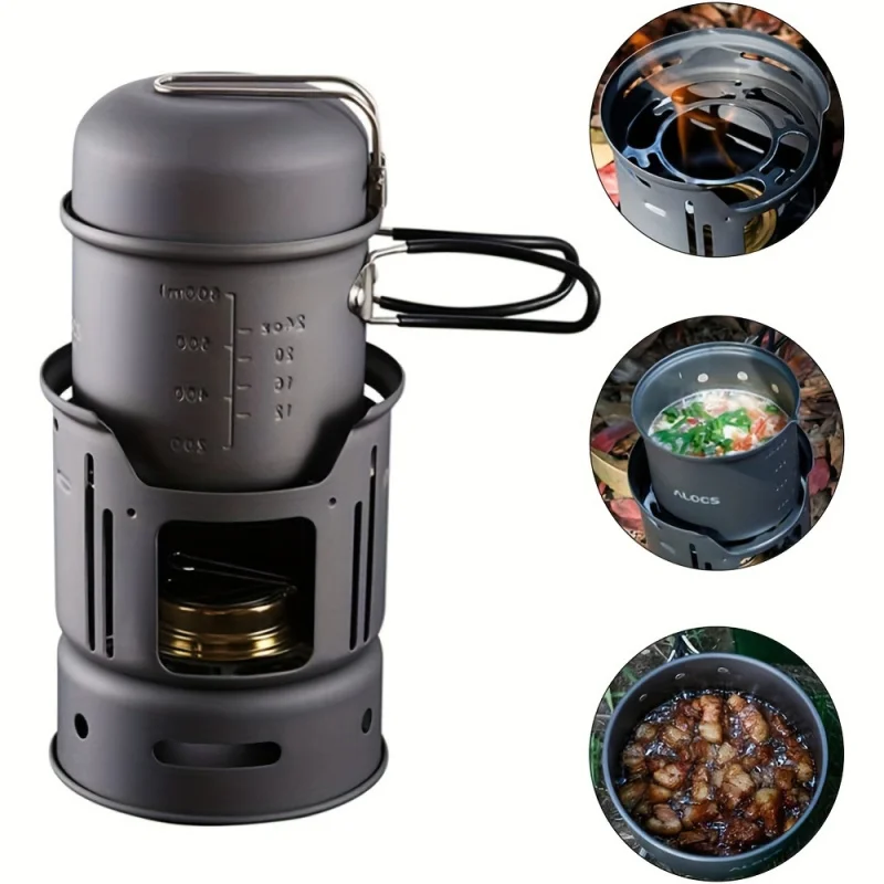 Portable Stainless Steel and Aluminum Camping Stove Set with Windshield for Hiking, BBQ, and Travel - No Need for Ignition