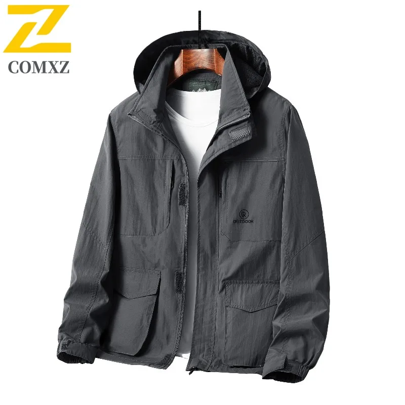 

COMXZ Premium Jacket Men New Leisure Detachable Hooded Outdoor Climbing Lightweight Coat Travel Multi Pocket Autumn Clothing