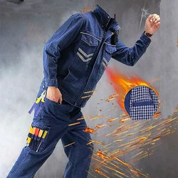 Reflective Welding Denim Protective Fire Retardant Clothing Anti-Sparkling Uniform Repair Worker Durable Workshop Work Coverall