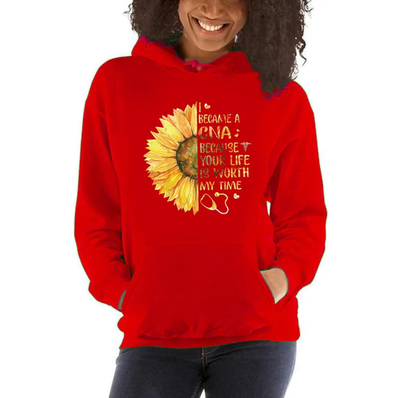 Langärmliger, winddichter Kapuzenpullover mit Sonnenblumenmuster-Aufdruck für Damen, lässiges und warmes Kapuzenpullover, Streetwear für Damen