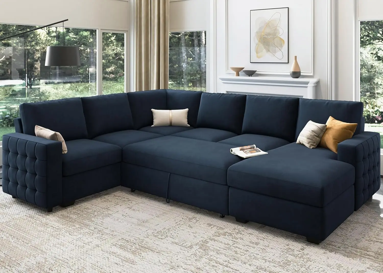 

Sleeper Sectional Sofa w/ Pull Out Bed U Shaped Couch w/ Storage Chaise, Velvet Sleeper Sofa Bed for Living Room, Dark Blue