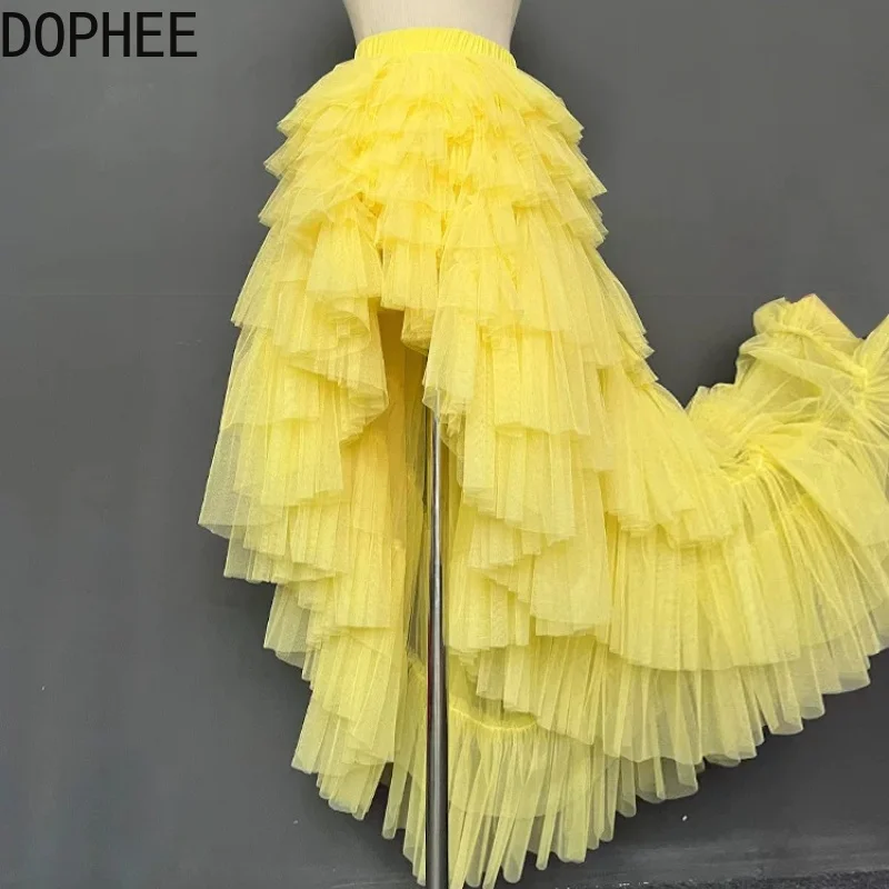 Original New Spring Summer Short Front Long Back Trailing Dovetail Skirt Elastic High Waist Ultra Long Elegant Mesh Puffy Skirts