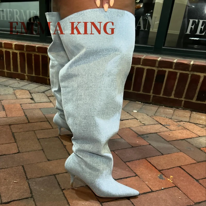 

Джинсовые сапоги на шпильке, пикантные туфли выше колена с острым носком, сексуальные женские осенние зимние вечерние модельные сапоги, обувь