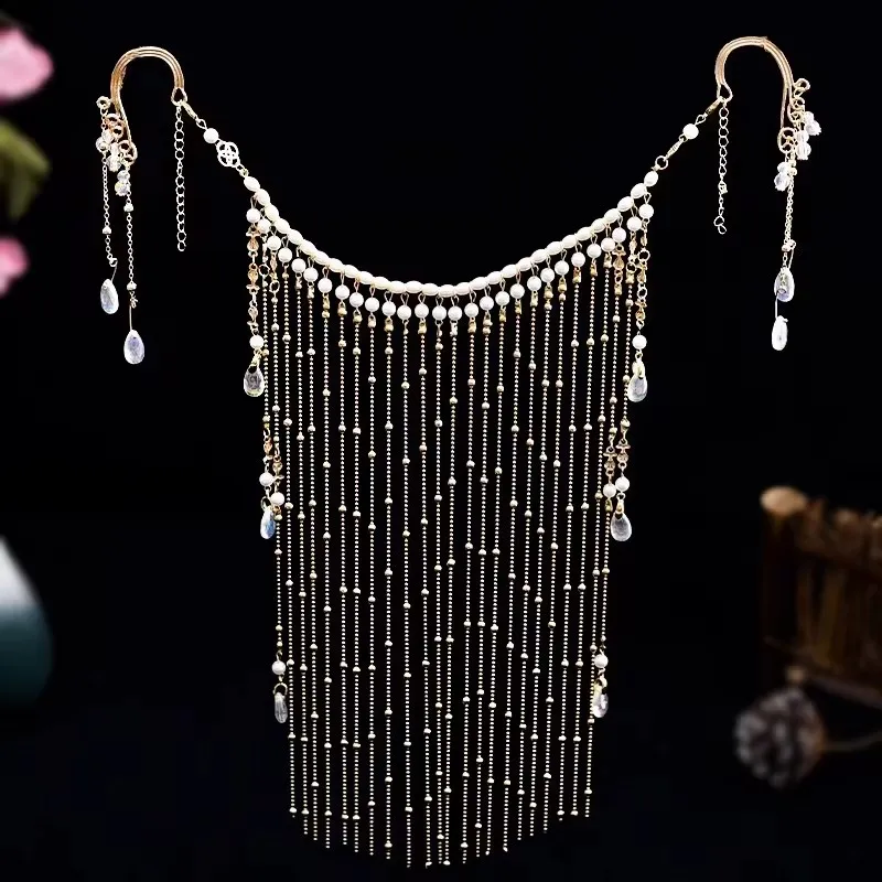 Chinese Style Face Curtain Vintage Hanfu Hair Accessories Girl Long Pearl Mask Masquerade Step Shake Ears Hanging Retro Jewelry