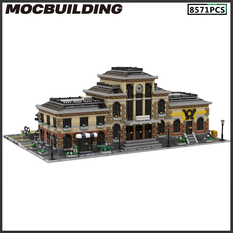 Modular Railway Station Set MOC Building Block City Cargo Train Architecture Model Technology Brick Assembly Collection Toy Gift