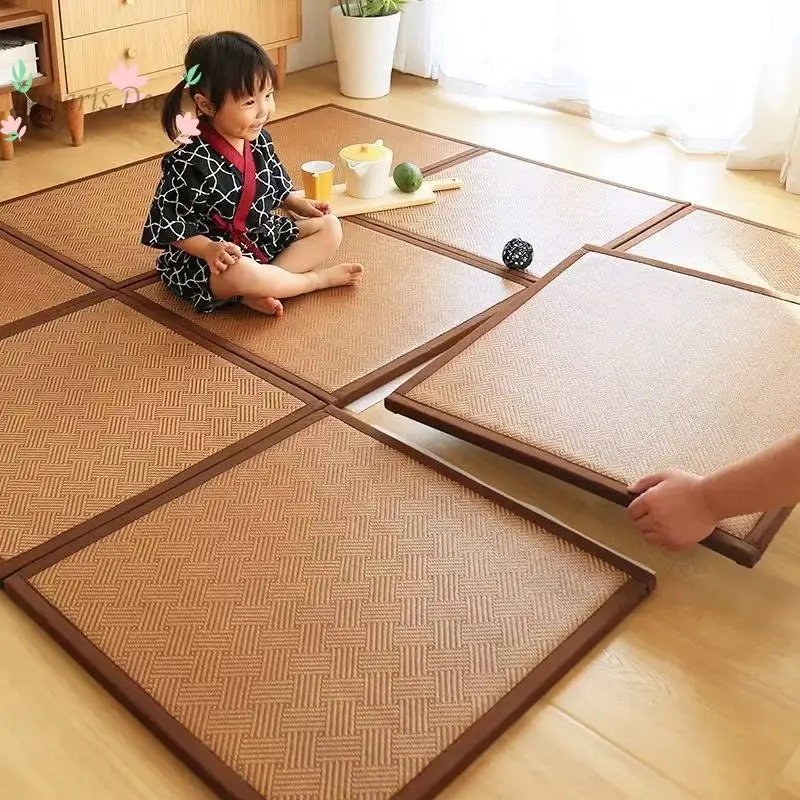 9Pcs Japanese summer splicing rattan floor mat square mat living room thickened tatami baby climbing mat