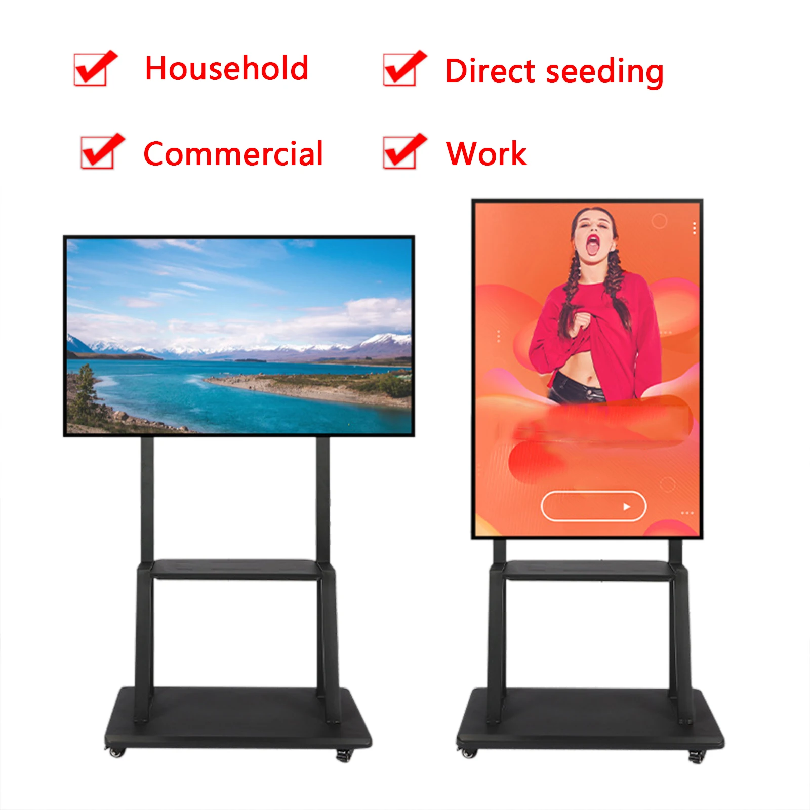 LCD TV Office General for Live Streaming Floor Mobile Support Cart Adjustable Horizontal and Vertical Modes All-in-One Shelf