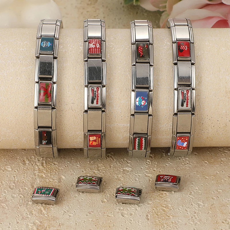Y2K Christmas Sock Flowers Bow Star Snowman Dog Leopard Italian Charm Links Fit 9mm Stainless Steel Bracelet DIY Making Jewelry
