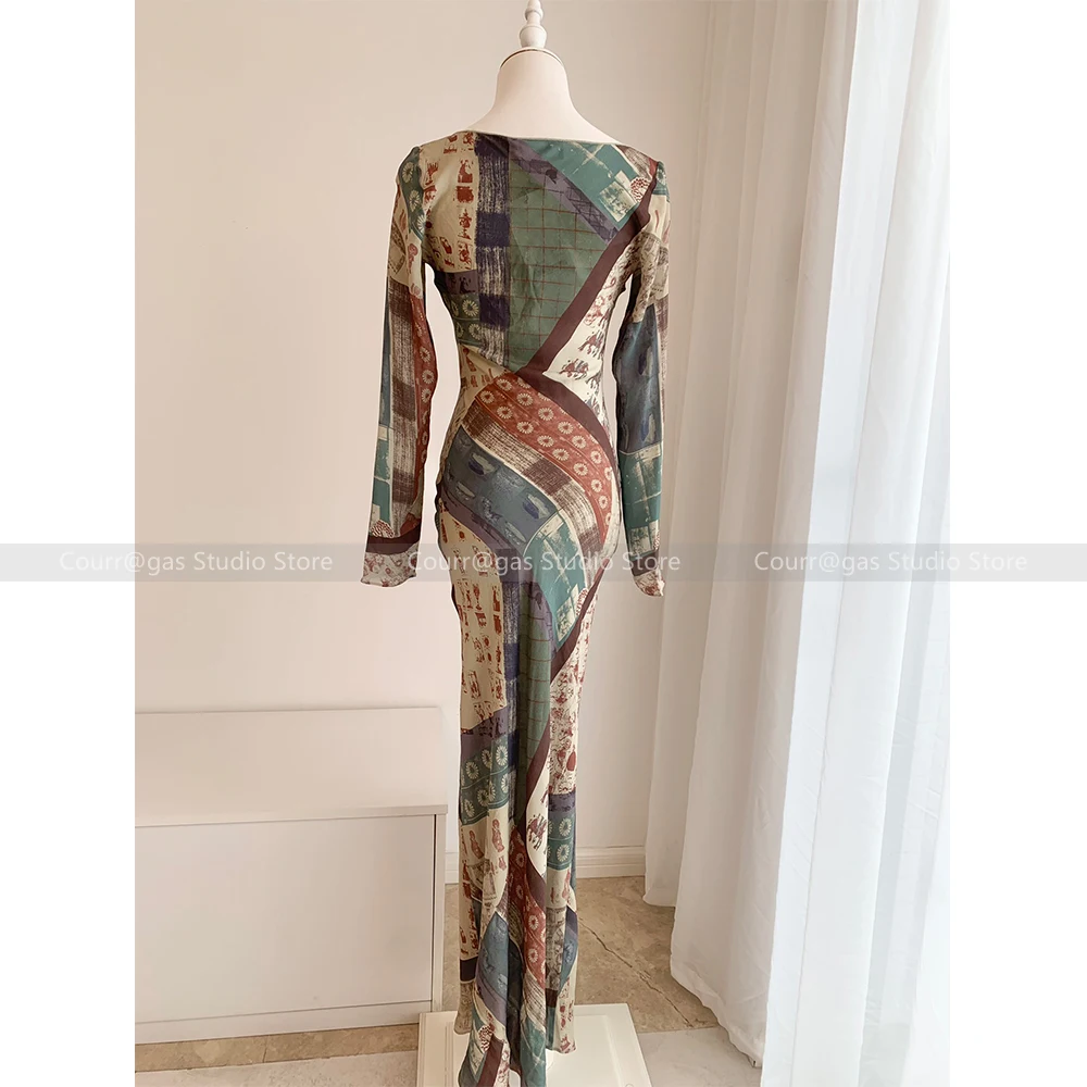 Vintage French silk printed dress women 2024 new design sense Slim thin sexy package hip long skirt