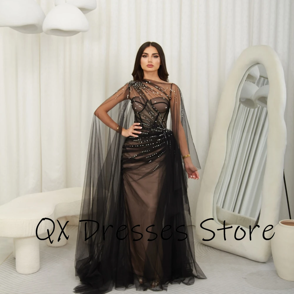 Customized O-neck Black Tulle Backless Illusion Beading Evening Dress Spaghetti Sleeveless Pageant Gowns فساتين سهره نسائيه فخمة image 3
