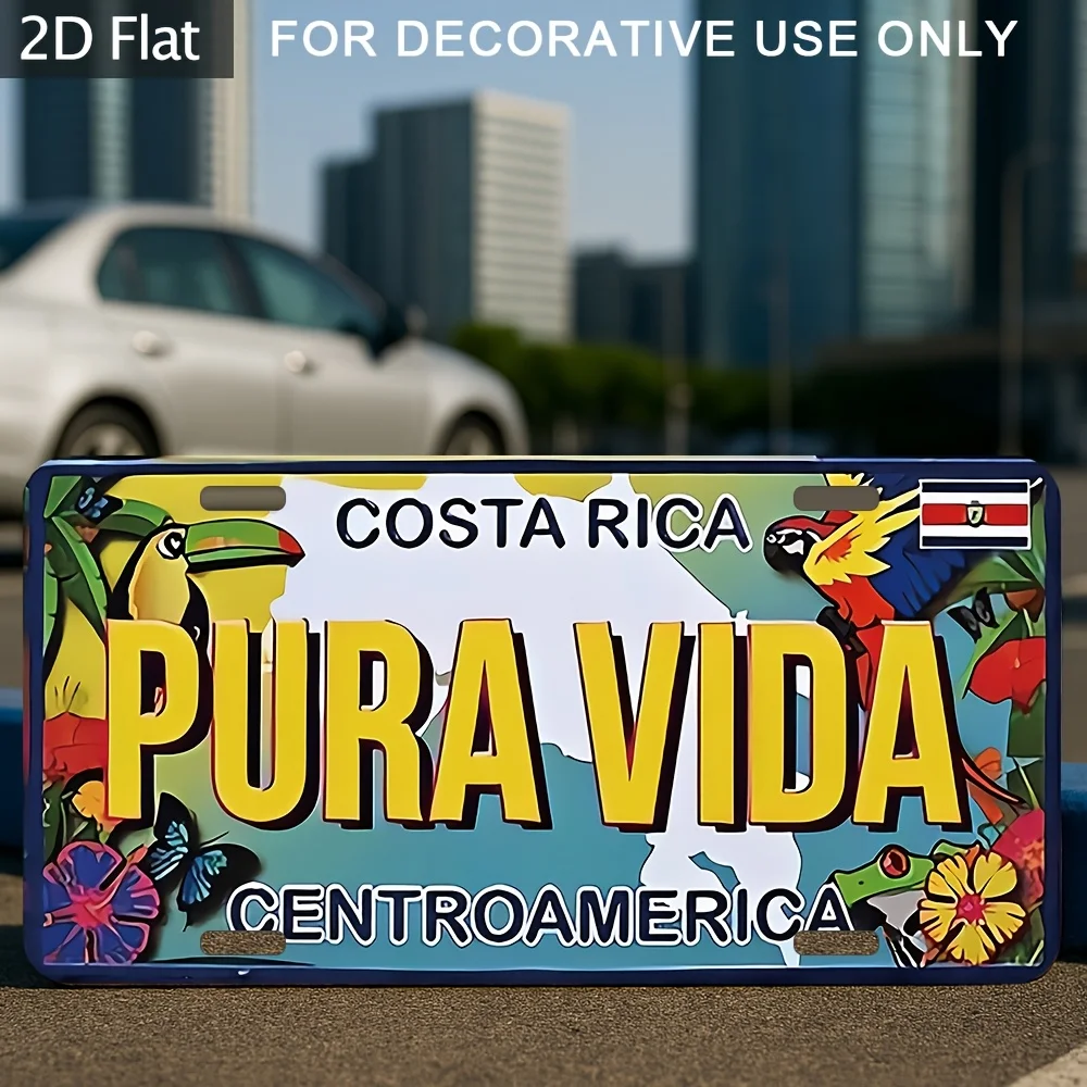2D Flat 1pc Vintage Aluminum Wall Art Costa Rica License Plate Design with Toucan & Tropical Flowers, Decor for Bar, Cafe, Home