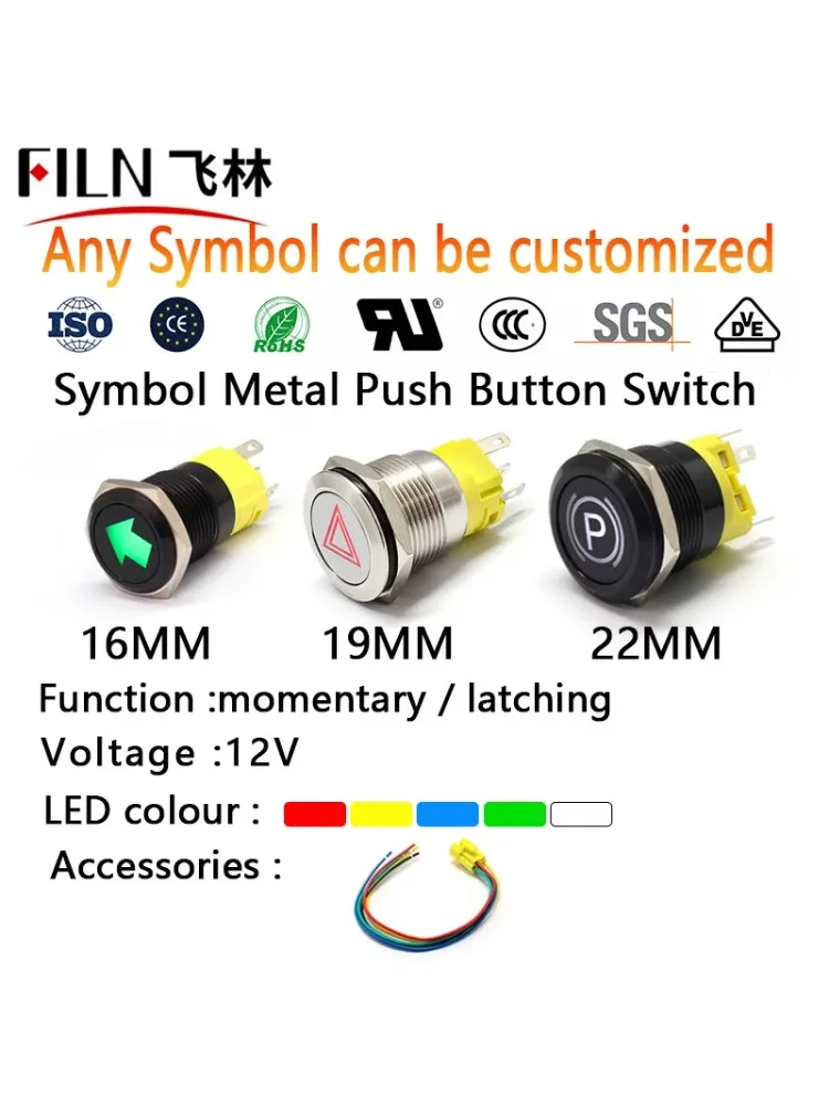 

16mm 19mm 22mm 12v LED ON OFF Metal Push Button Switch Dashboard Custom Symbol Momentary Latch on Off Car Moto Switch