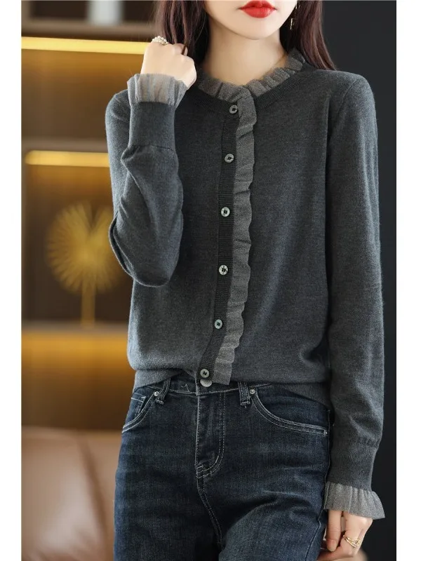 

Lightweight Lace Knitted Open Cardigan Women's Spring Autumn Base irt Top Simple Sle Sequin Bright Tead Regular Sve ...