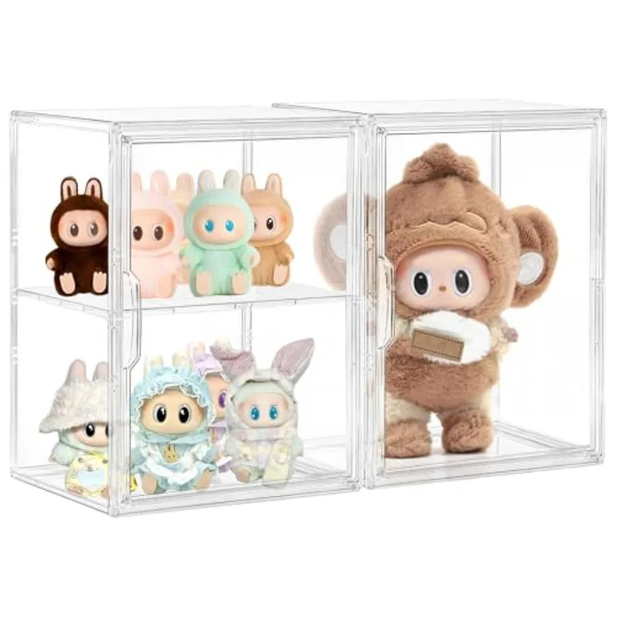 Acrylic Display Case, 2 Pack Clear Display Cases Compatible with Labubu POP MART, Figure Display Case with Magnetic Door, 2 Lay