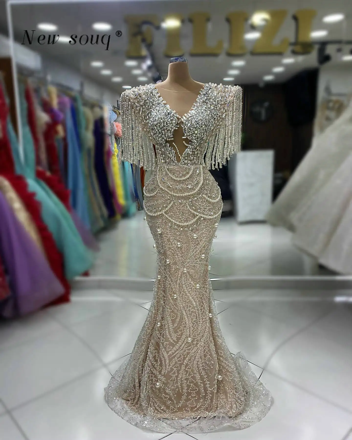 Arabic Long Formal Champagne Mermaid Evening Dresses with Pearls Beading Tassel Crystals Wedding Dinner Party Gowns for Women