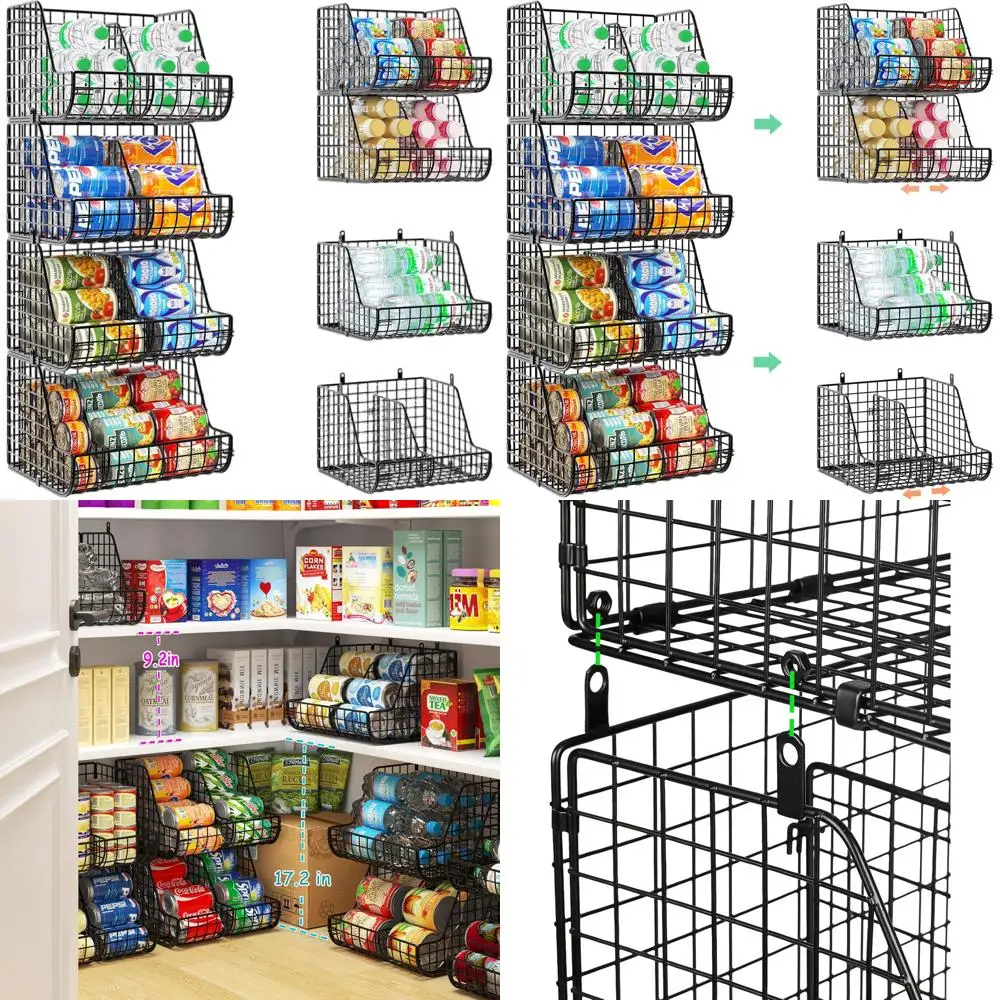 

4-Tier Stackable Can Organizer for Pantry, Holds 72 Cans, Adjustable Dividers, Wire Storage for Kitchen Shelves