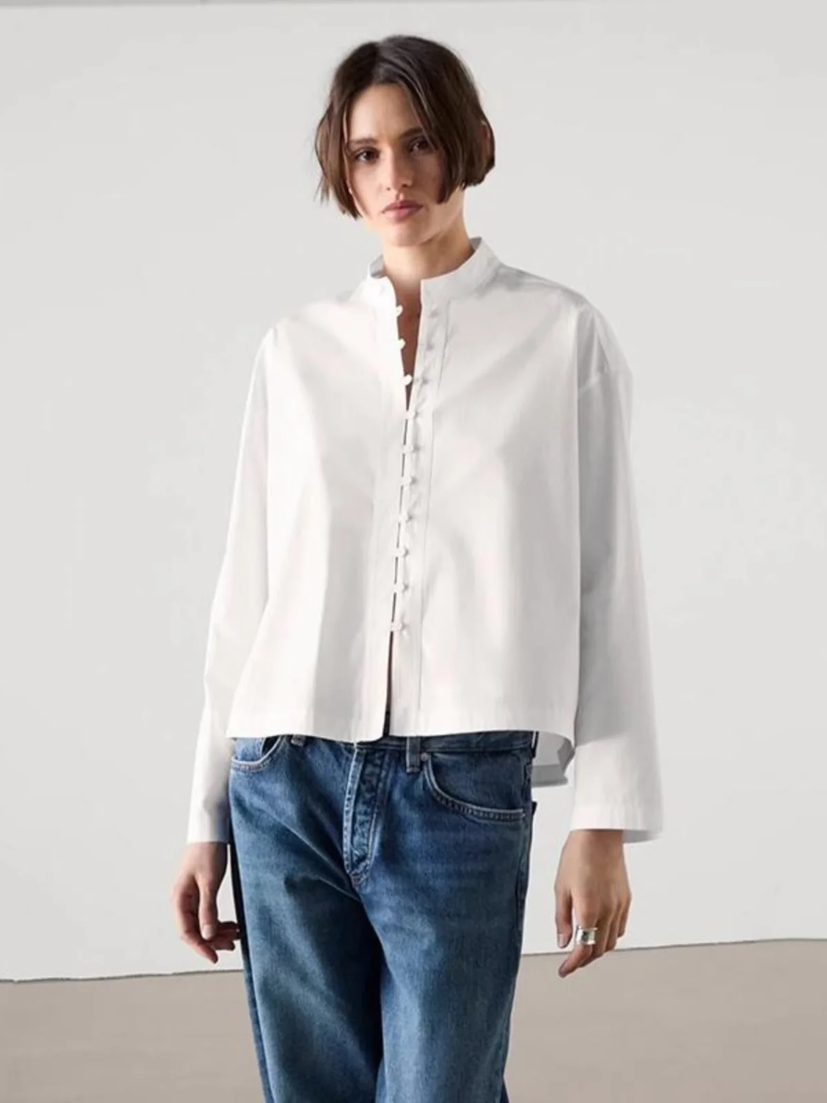 

New Autumn Winter White Casual Long Sve Stand Collar irt MD Women's Faion Simple Commuter Sle Chinese mat Design