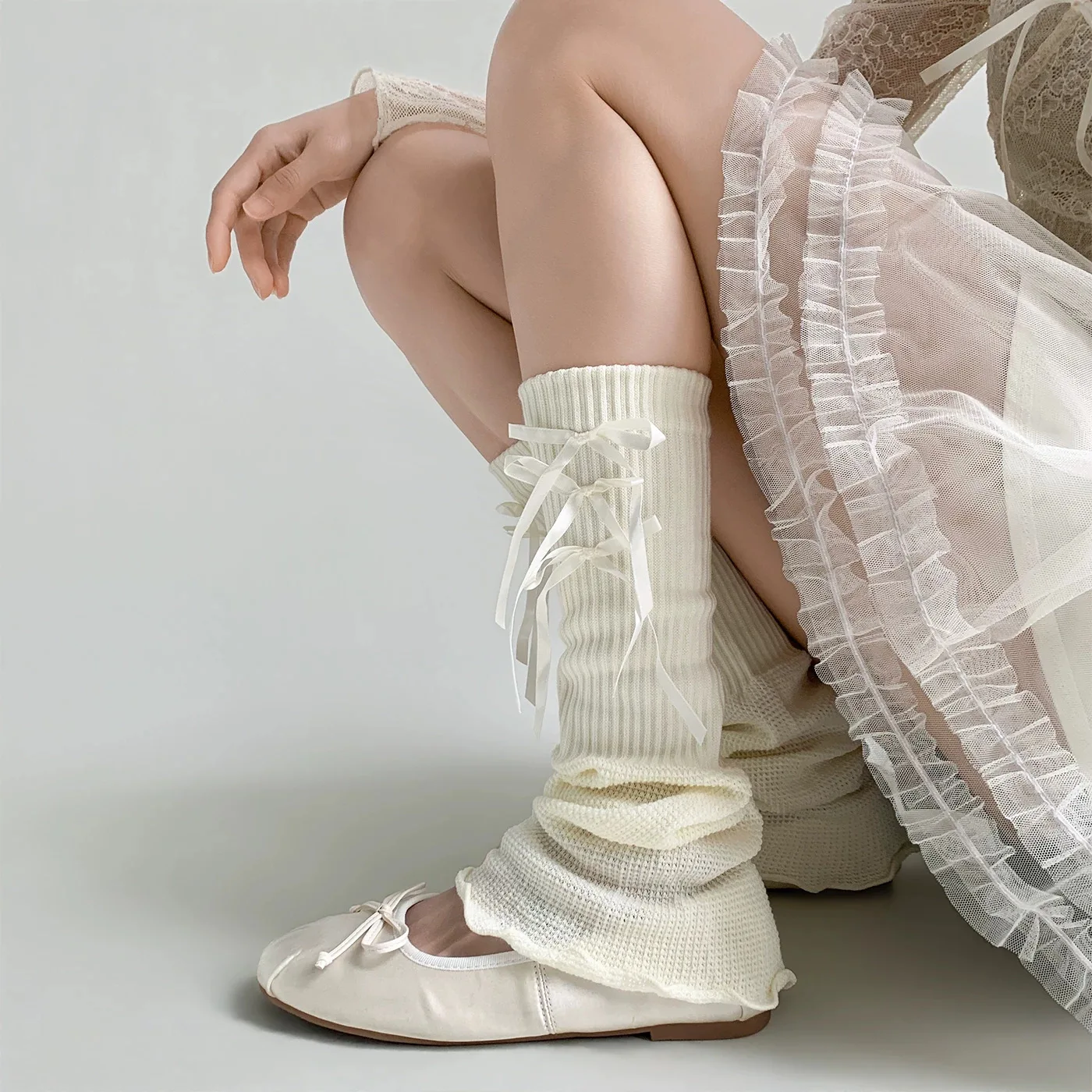 Y2K Lolita Girls Sweet Bow Leg Warmers Lace Strap Bowknot Foot Cover Solid Color Ribbon Middle Calf Socks Girls Party Daily Wear