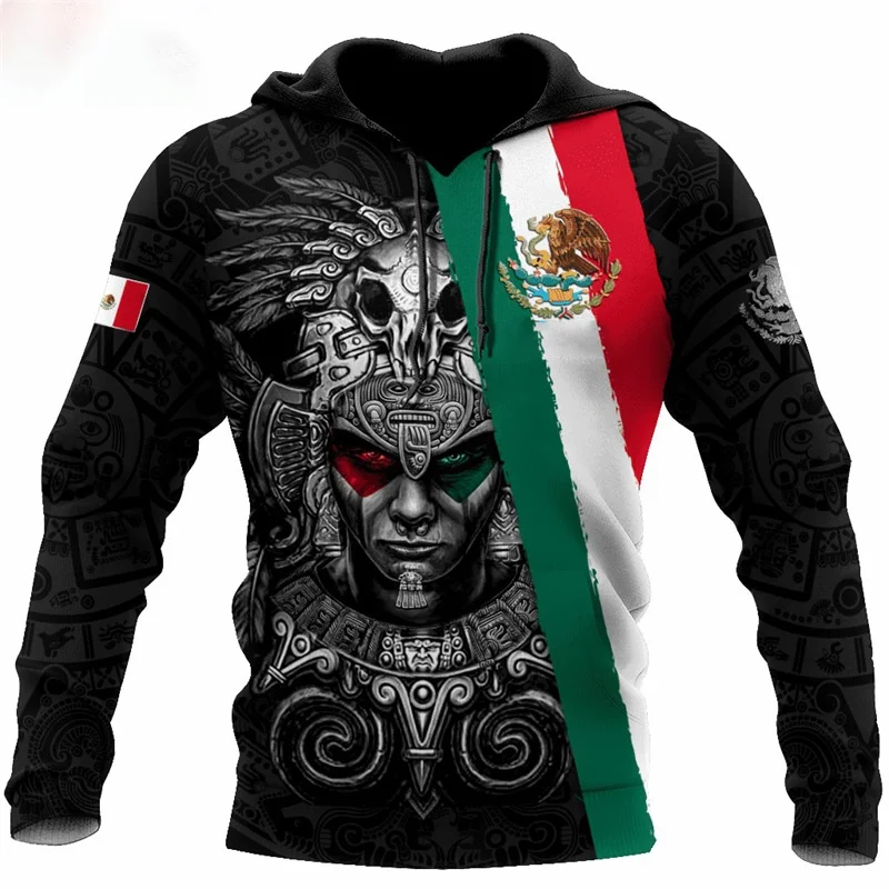 Mexico Flag Pattern Hoodies Fashion Casual Long Sleeve National Emblem 3D Printed Pullovers Mens Womens Street Loose Sweatshirt