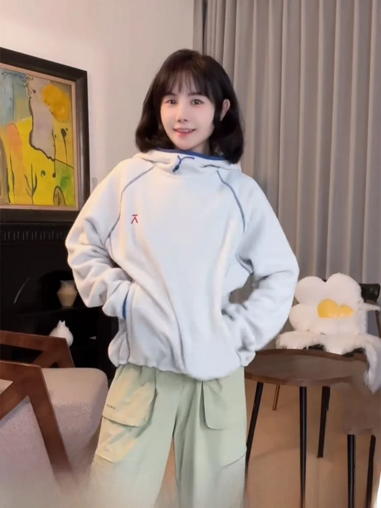 

ex Outdoor Hoodie Fce Jaet Color Blo Warm Casual Sweatirt Coat for Couples Stand Fit Long Sve Letter Pattern