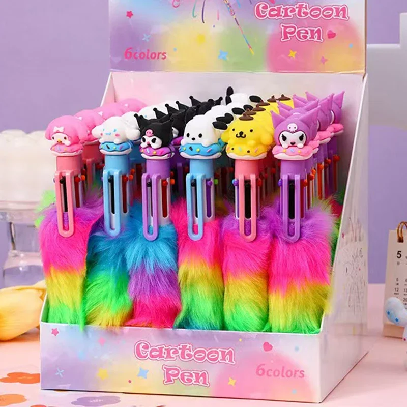 6Pcs/Set Plush Sanrio 6 Color Pen Mymelody Kuromi Cinnamoroll PomPom Purin Pochacco Cute Cartoon Ballpoint Pen Stationery gift