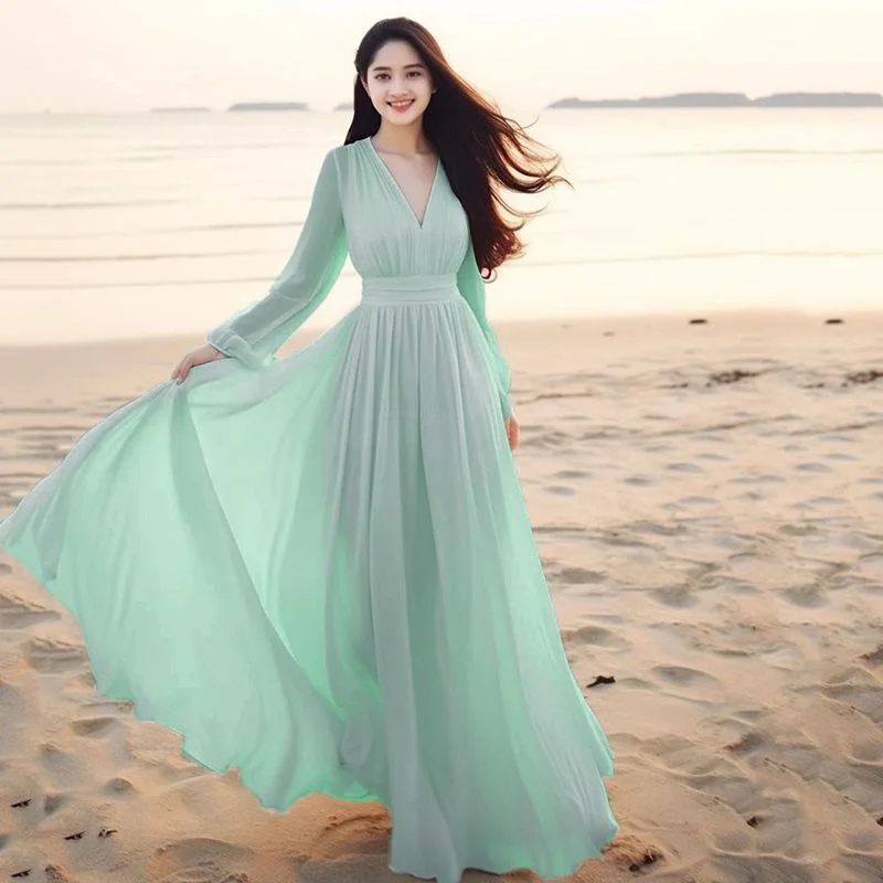 Mulheres senhoras roupas de manga longa sexy clube boho praia vestido senhora verão profundo decote em v festa longo maxi vestido feminino