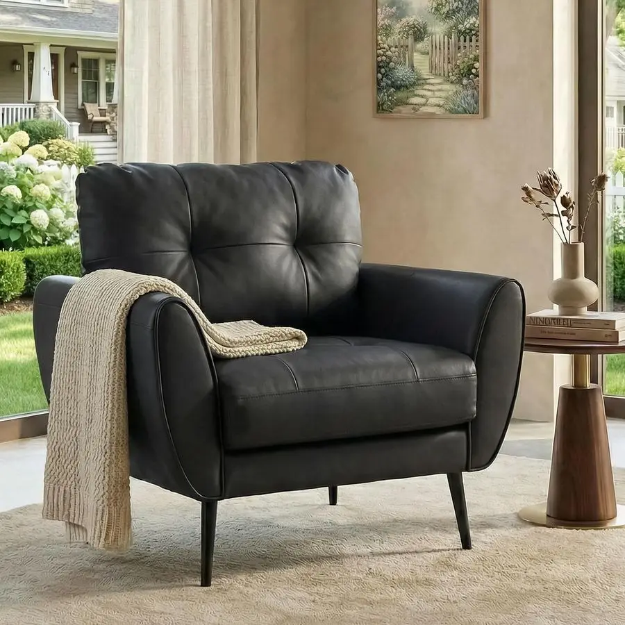Accent Chair Comfy Modern Living Room Chair Black Leather Reading Accent Chairs Tufted Mid Century Moden Arm Chair Small Salon C