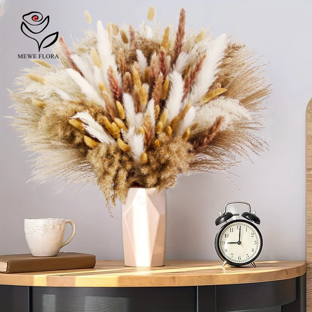 220 Stück Getrocknete Blumen, Konserviertes Großes Flauschiges Pampasgras-Bouquet mit Hasenschwänzen für Boho-Heimdekoration, Hochzeits-Tischdekoration, Farmhaus-Wohnzimmer, Vasenfüller, Rustikale