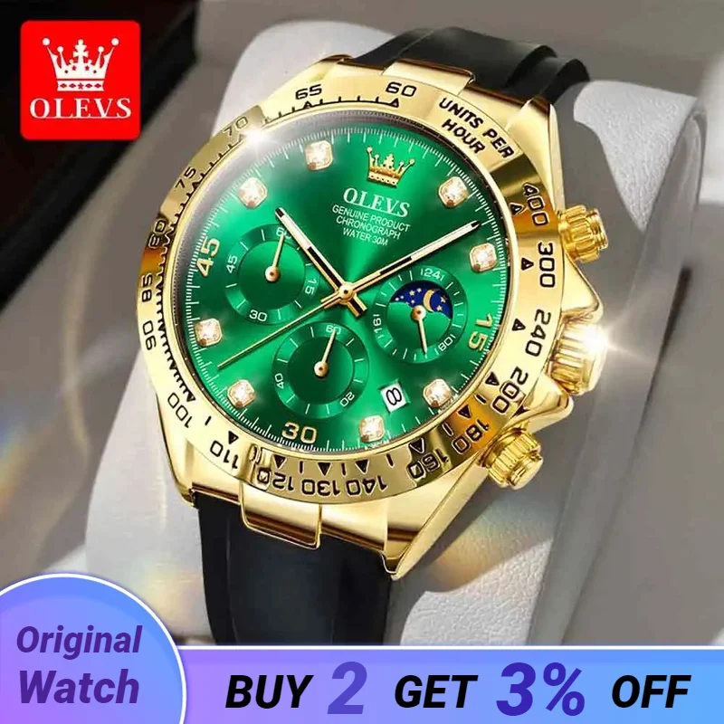 

OLEVS Watch for Men Gold Watch Silicone Luminous Waterproof Luxury Multifunction Analog Chronograph Moon Phase Men Quartz Watch