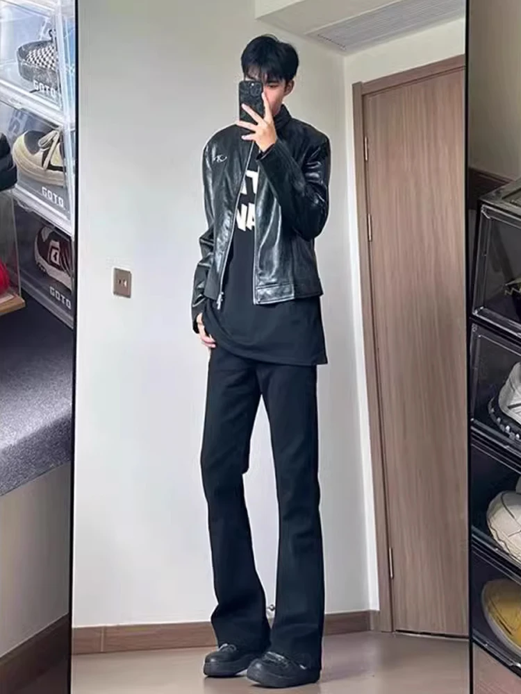 Black mid High Waist Slim Fit Jeans for Men Elastic Denim Pants Autumn Cleanfit Knife  Flared Trousers Youth Fashion