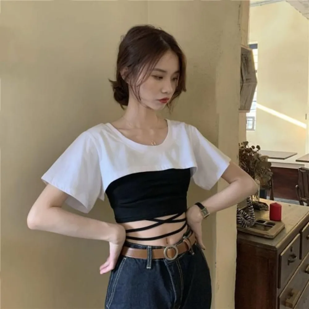 

Fashionable Y2K Super Short Cotton Tee Round Neck Solid Color Loose-fit Women's T-shirt Streetwear Short Sleeve Tank Tops Girls