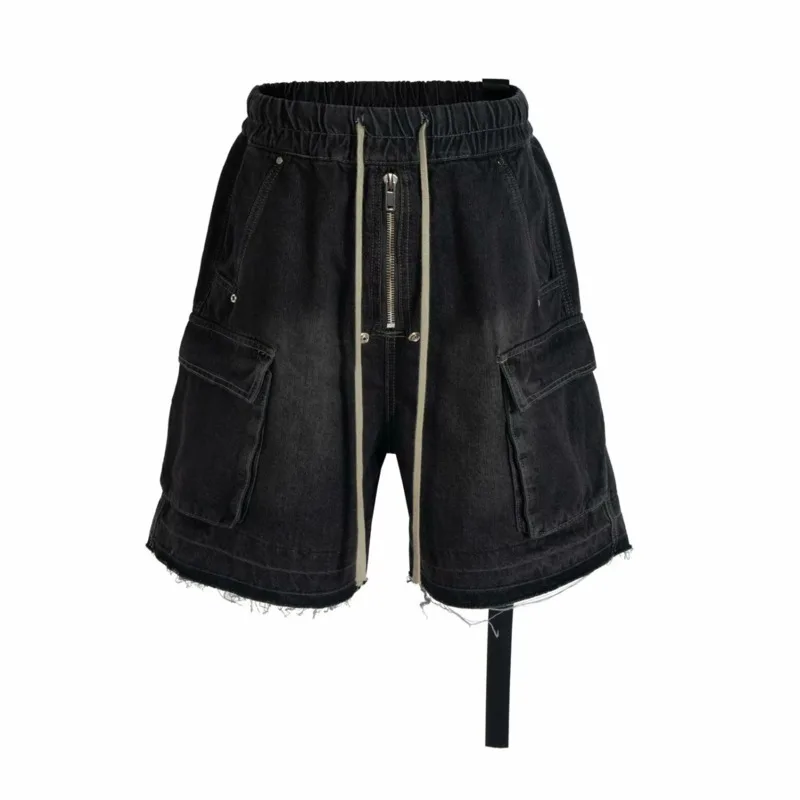 HKSH Men's American High Street Washed Distressed Raw Edge Shorts Trend Multi-Pocket Safari Style Fit Capris Denim Pants HK27238