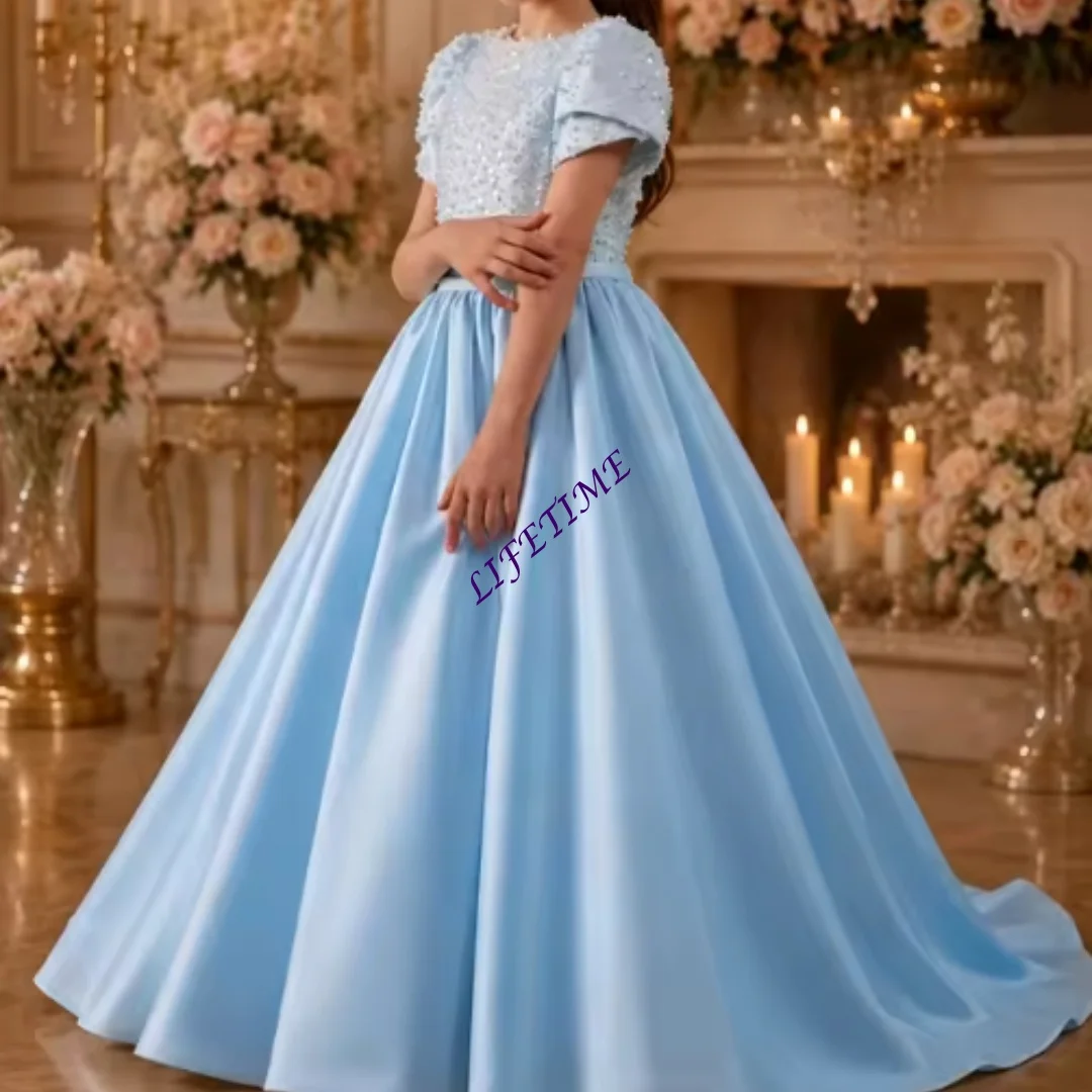 CustomizedPiano Beaded Birthday Performance Kids Sweep Train Dress Children Girls Flower Girl Model Runway Elegant Princess Dres