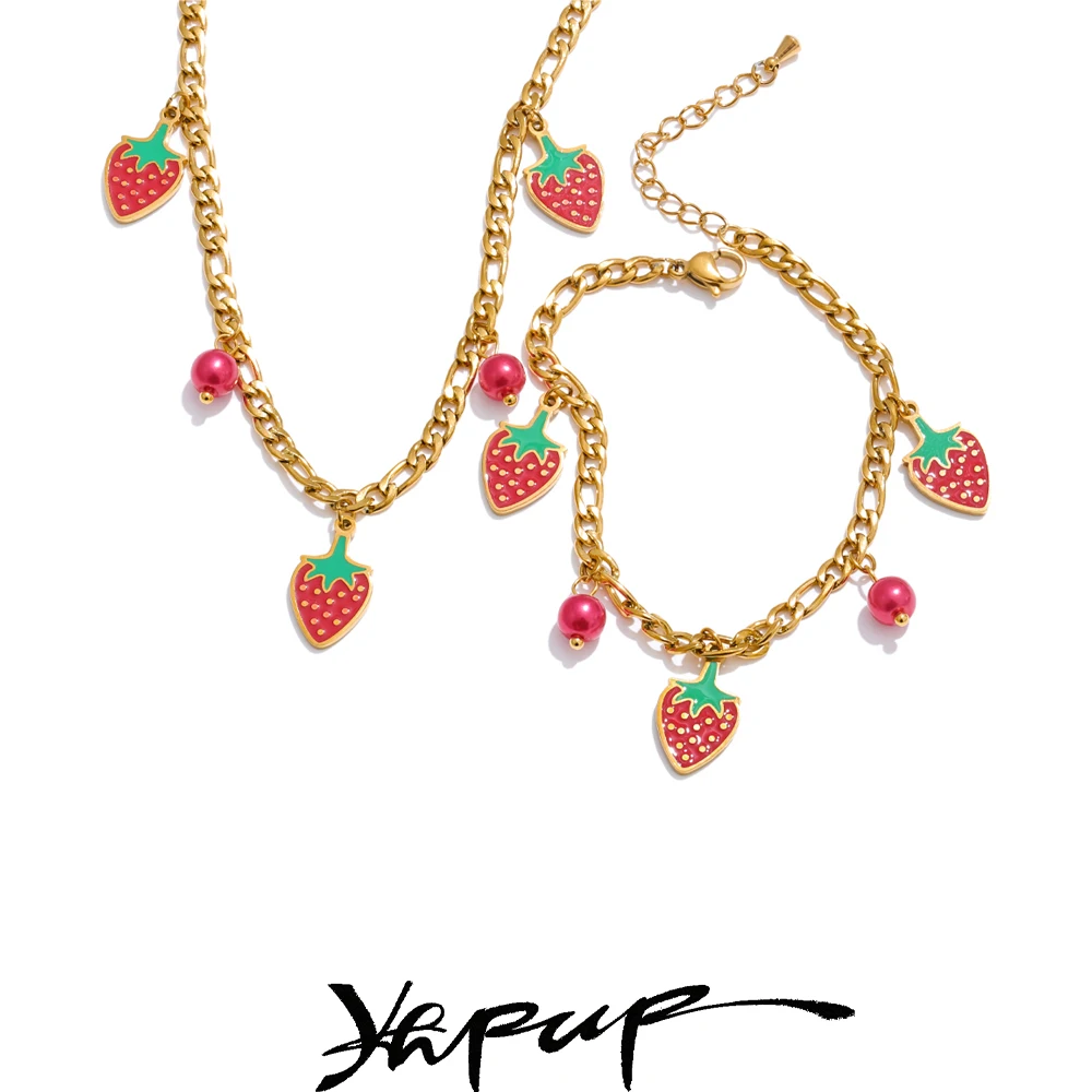 Yhpup Süße süße trendige Perlen Obst Erdbeere Tropfen Halskette Armband für Frauen Goldene PVD vergoldete Kette Edelstahl Schmuck