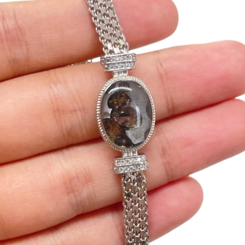 Seymchan Pallasite Meteorite Brace Oval Inlaid Meteorite Zircon Decor Woven Chain Cos Jewelry Gift L6