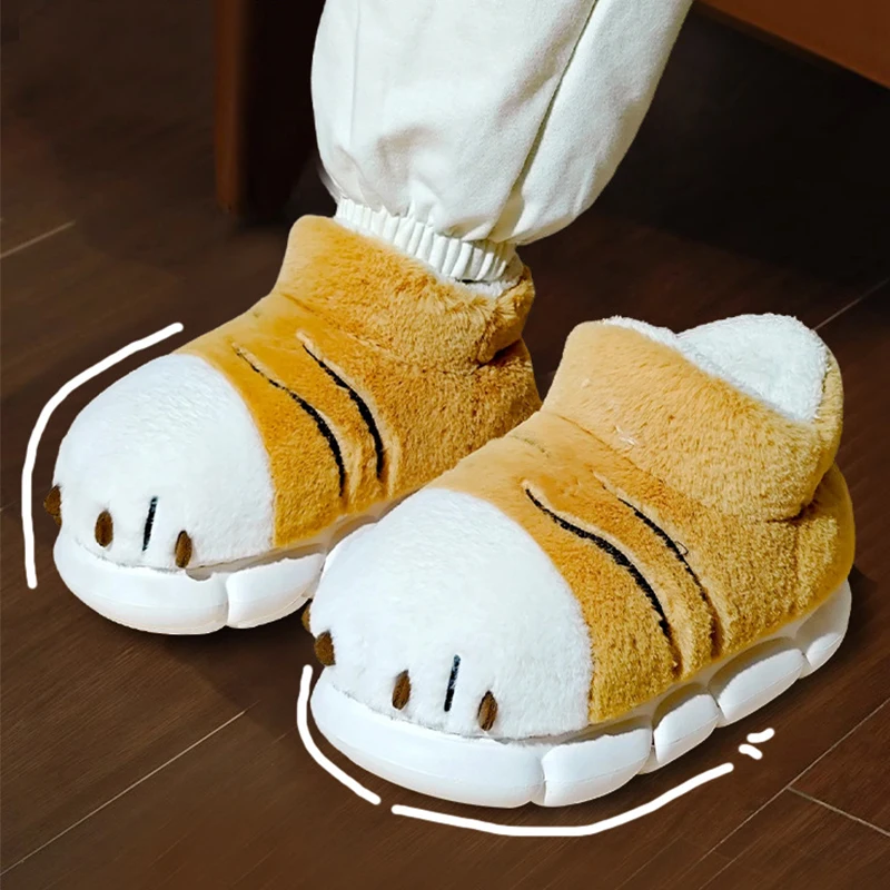 

Tiger paw home slippers men women winter warm ankle boots man plush outdoor slipper funny animal shape booties sheep fur slides