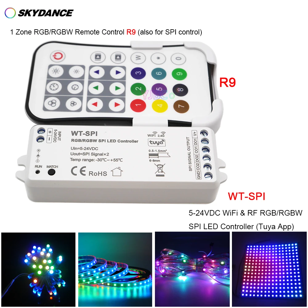 

Skydance music WiFi+2.4G RF RGB/RGBW Pixel IC SPI LED Controller WT-SPI R9 RGB Remote for WS2812 WS2815 LED Strip module 5V-24V