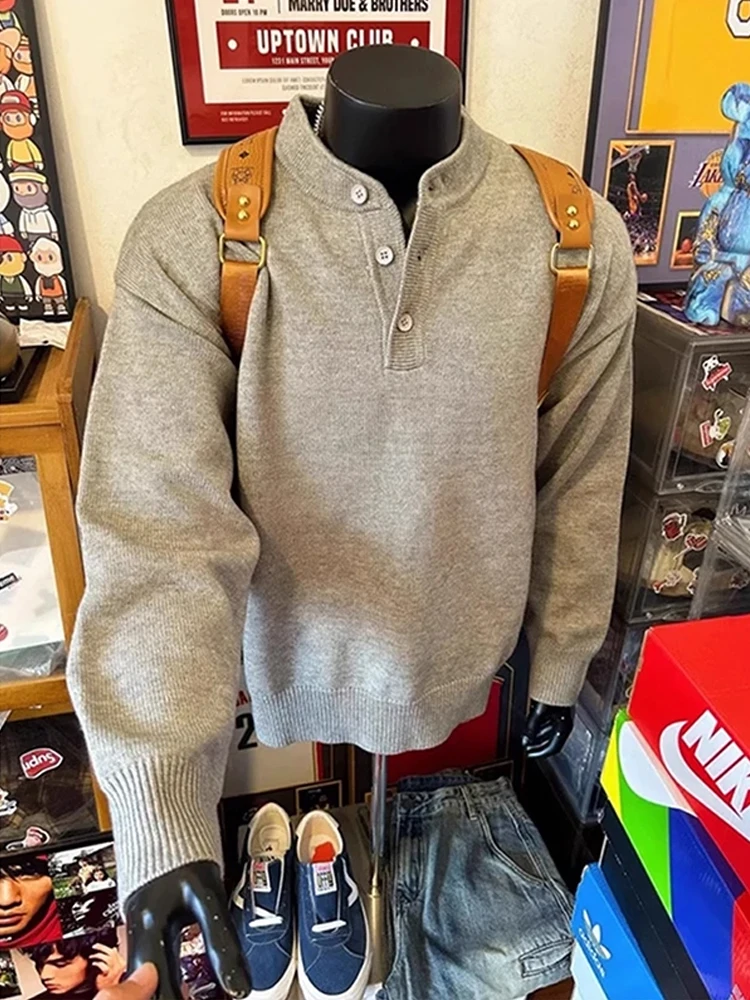 

American Sle Henry Collar Knitted Sweater Men's Long Sve Lazy Sle High-End Feeling Inner Wear Base Knitted irt Coat