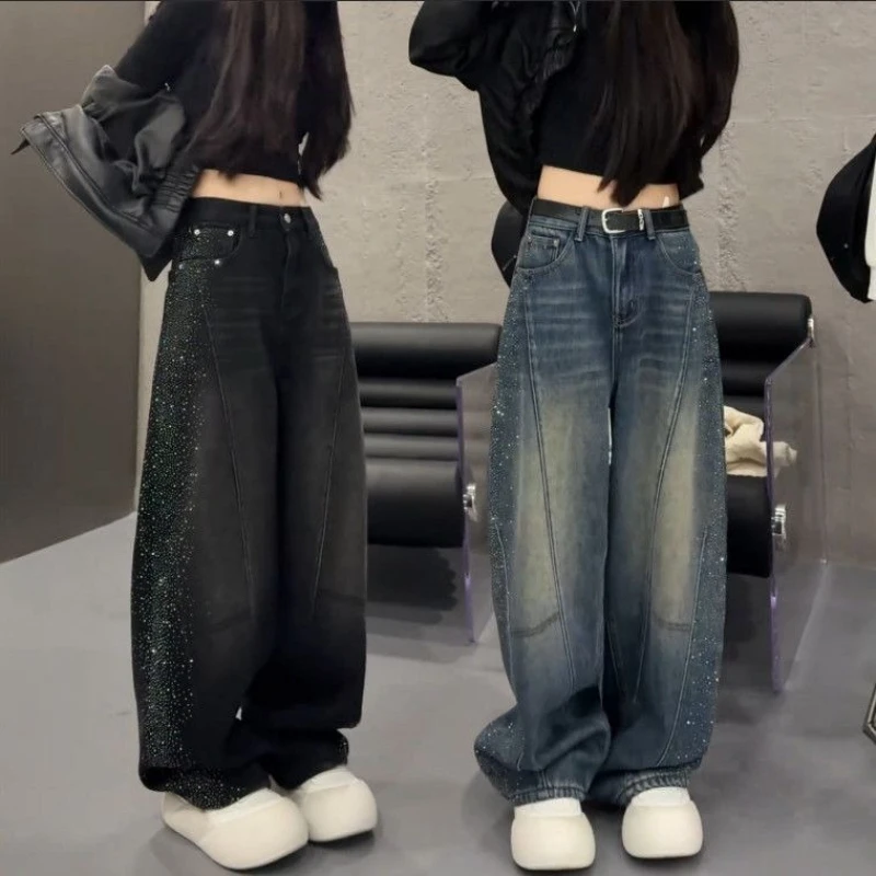 

Starry Sky Hot Diamond Curved Knife Jeans Women Spring 2026 New Street Fashion High Waist Design Sense Wide Leg Pants