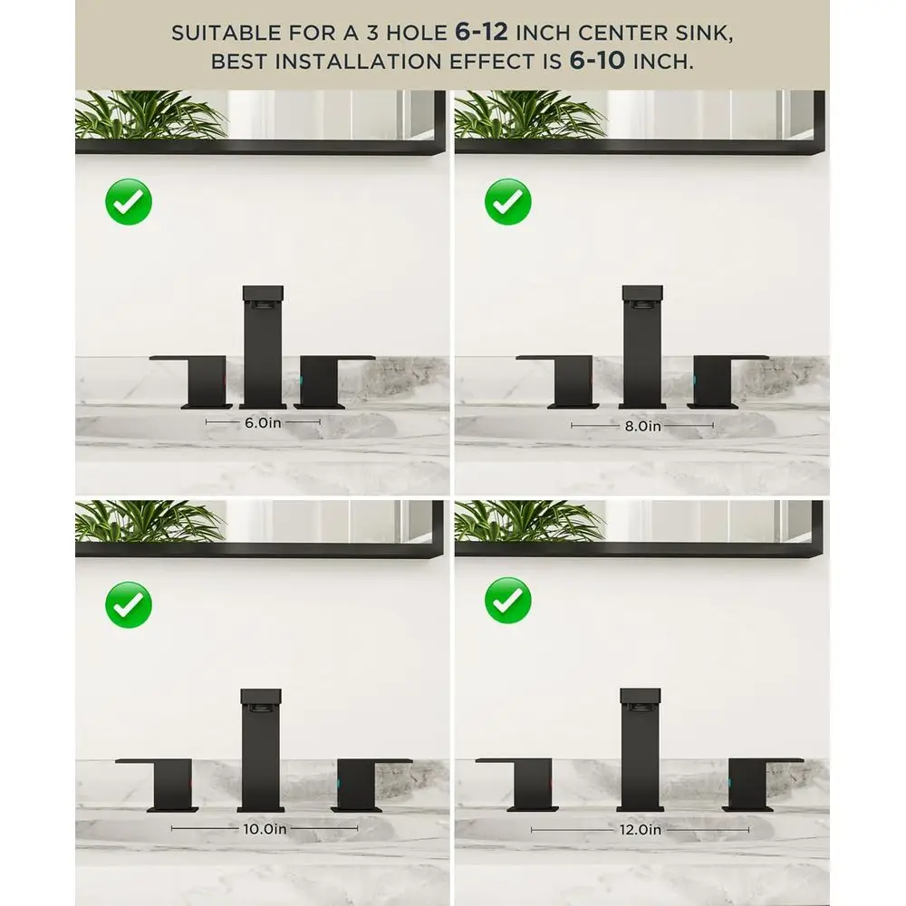 صنبور حمام بمقبضين واسع النطاق 8 باللون الأسود غير اللامع مع تصريف منبثق لـ 6-12 حوضًا #6