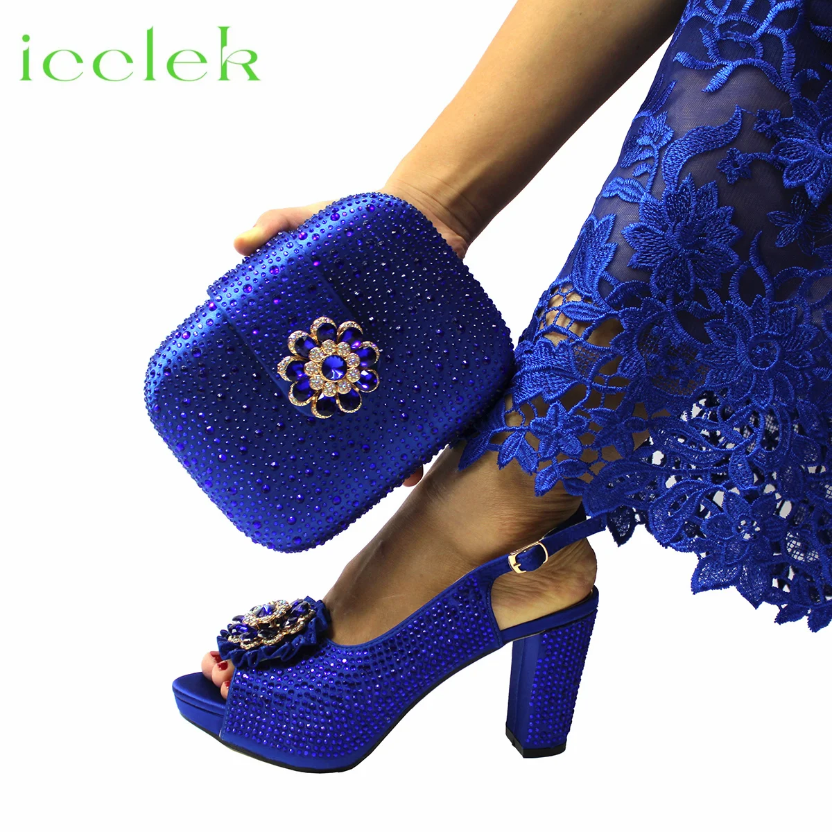 

Newest Royal Blue Diamond Opend Toe Shoes Matchin Purse Anklet Design High Heel Women's Sandals Suitable For Wedding Party