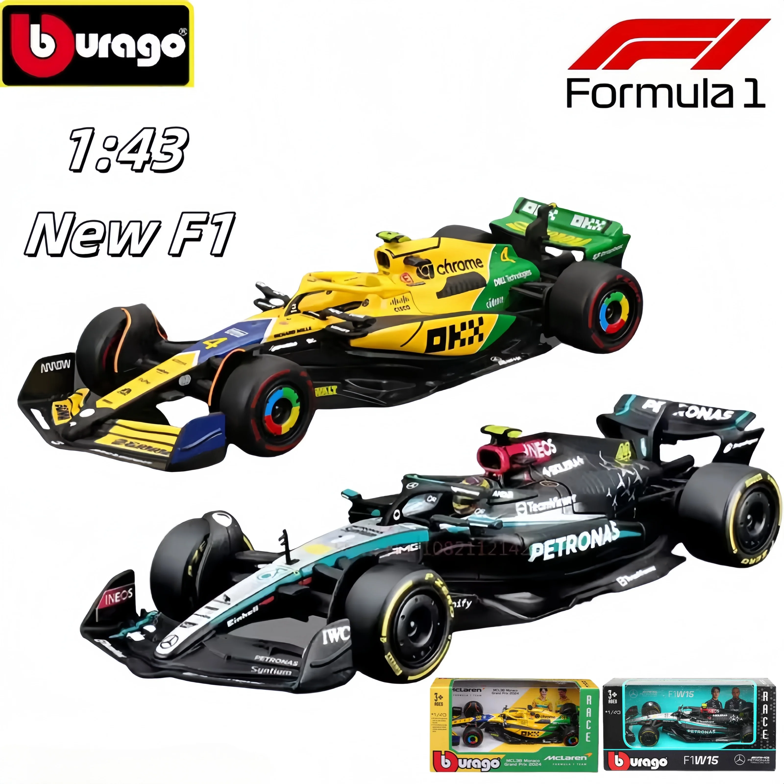 2024 New Arrival Original Bburago 1:43 Mercedes-Amg W15 Mclaren MCL38 Monaco Alloy Miniature Diecast Car Model Toy Birthday Gift