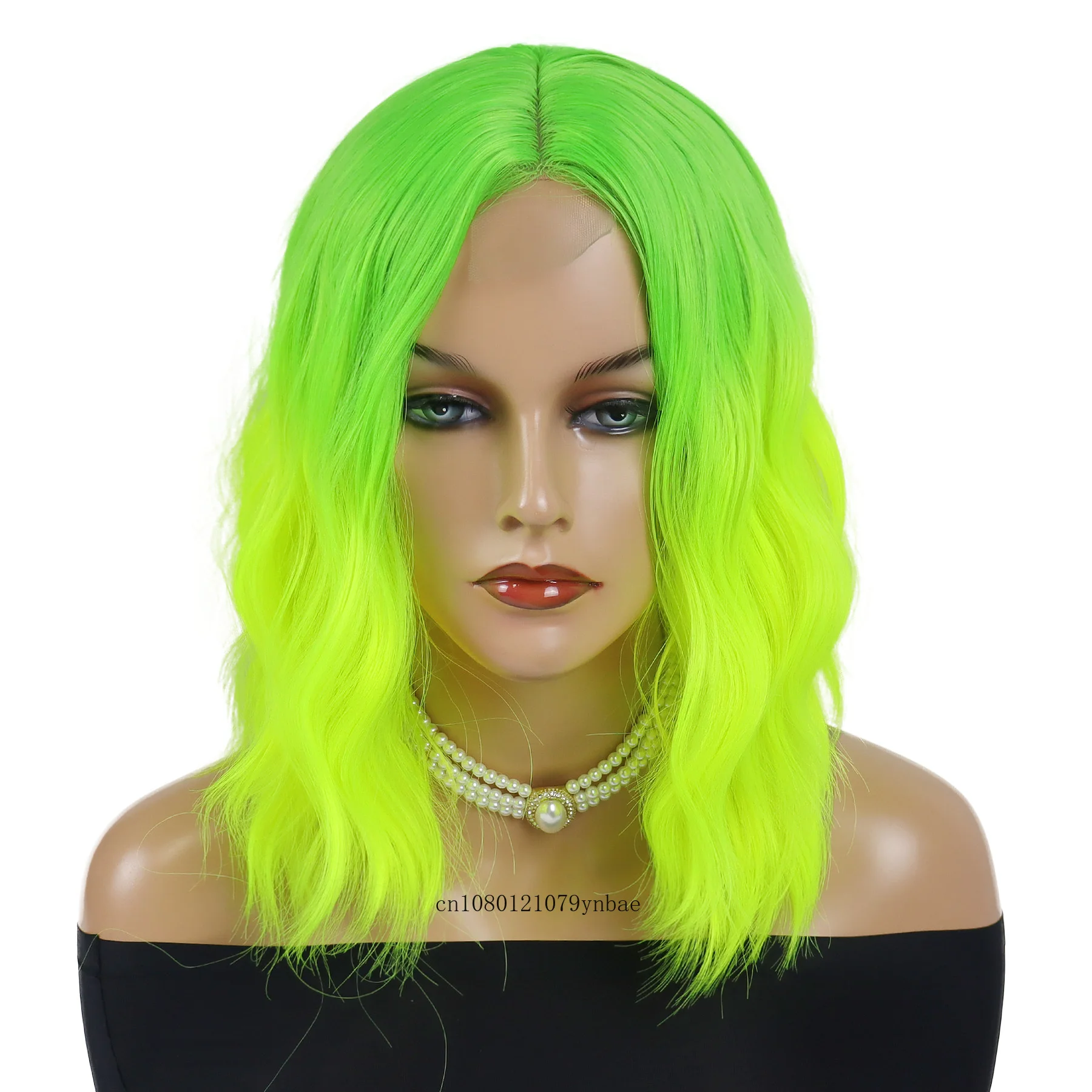 Ombre Green Wigs for Women Synthetic Short Wavy Lace Frontal Wig 16 Inch Middle Part Curly Wig Daily Party Halloween Costume Use