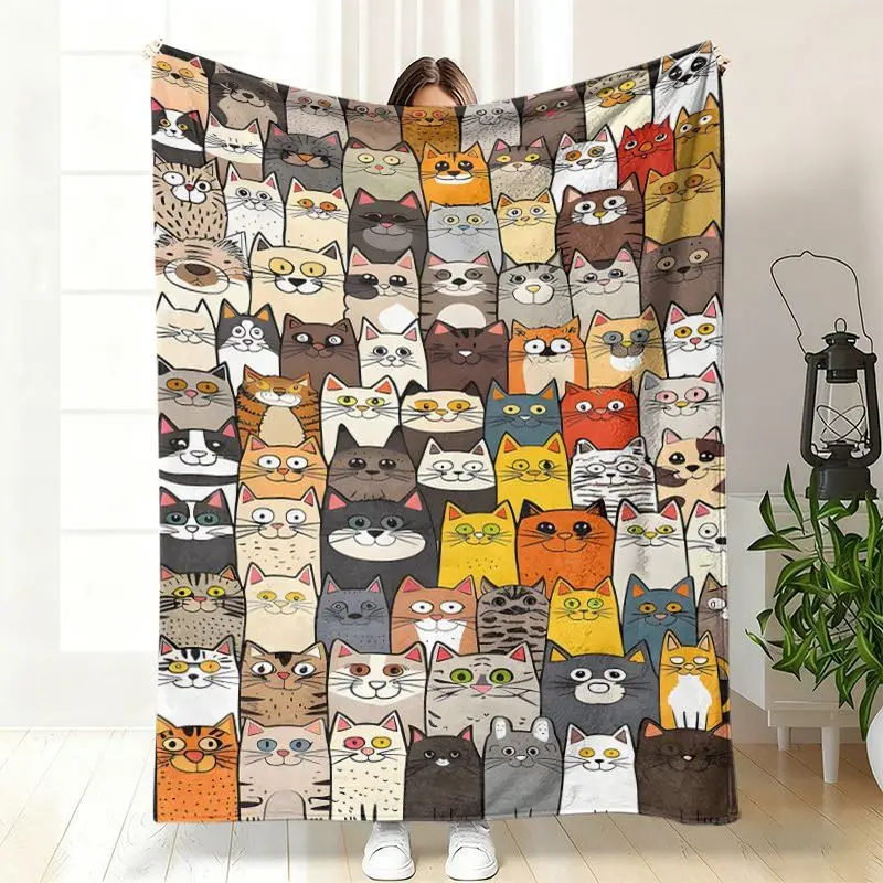 VIKAMA Cartoon Cat Flannel Throw Blanket Print Soft Warm Sofa Bedroom Dorm Nap Air Conditioner Camping Travel Home Decor Gift